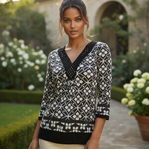 HALE BOB Studded Silk Blouse S Shirt Top Monogram 3/4 Sleeve No Wrinkle Travel